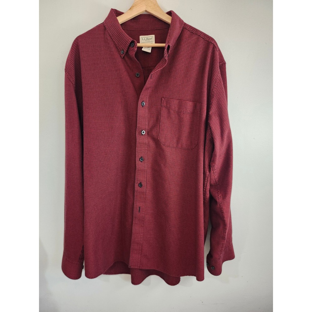 LL Bean Mens XL Flannel Shirt Red Black Houndstooth Traditional Fit Cotton - Picture 2 of 7